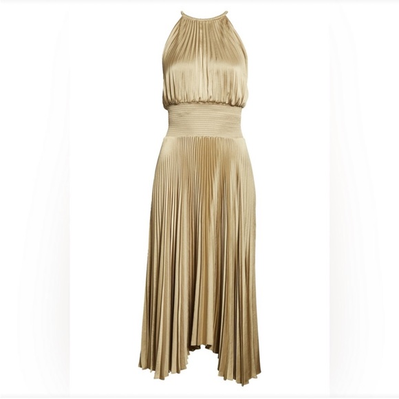 ALC Renzo II" satin pleated high-neck midi dress - Picture 2 of 11